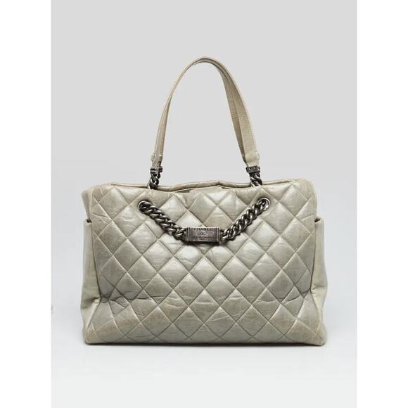 Chanel Grey Quilted Glazed Calfskin Leather Chain Tote Bag - Picture 1 of 12
